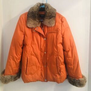 Ellen Tracy Duck Down Puffer Jacket with Chinese Rabbit Fur Collar and Sleeves